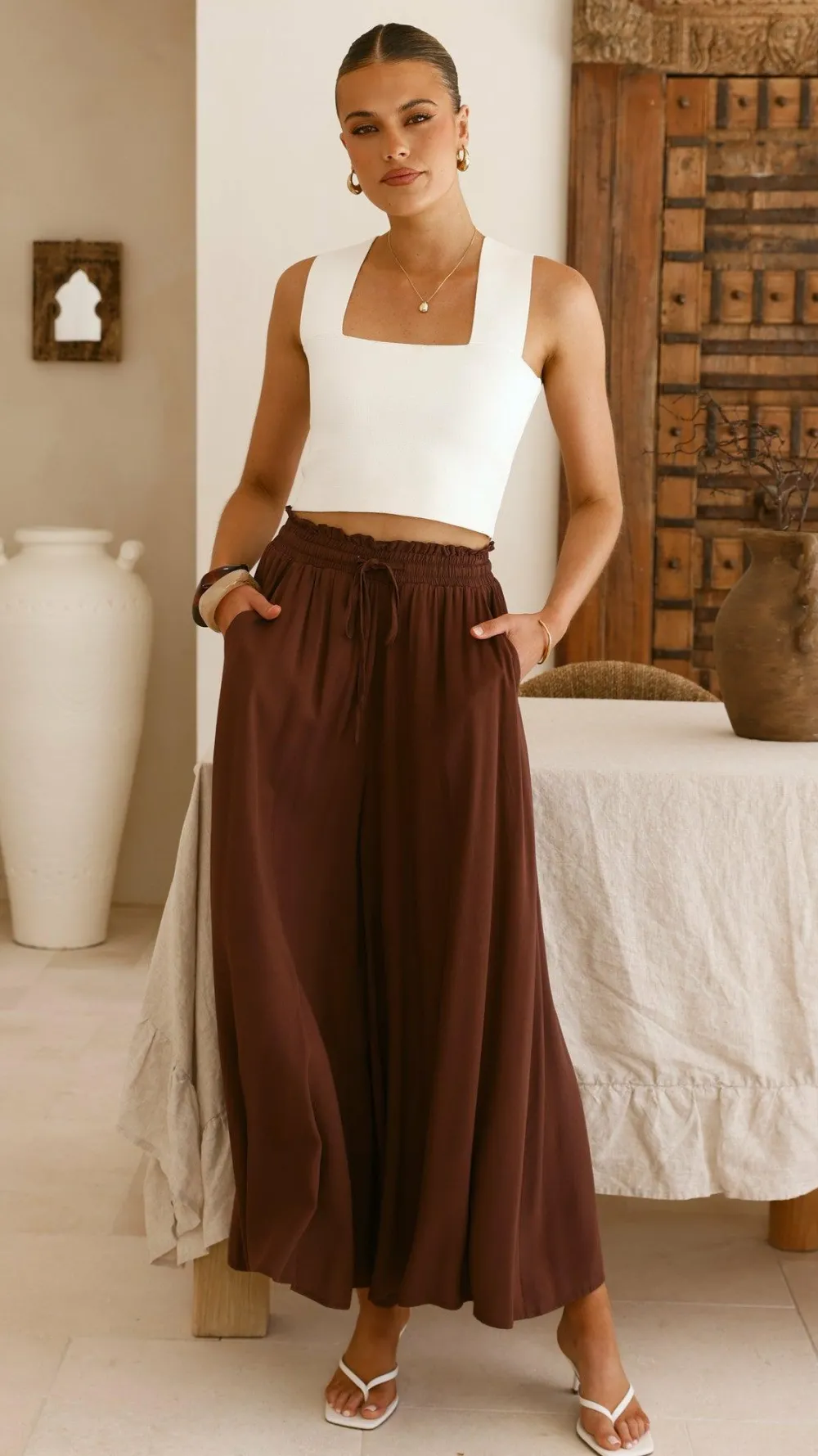 Miracle Fashion Bottoms^Aria Wide Leg Pants - Chocolate