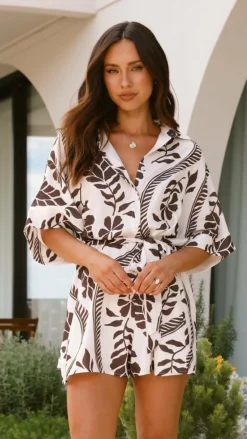 Desire Playsuits^Aurelia Playsuit - Brown/White Print