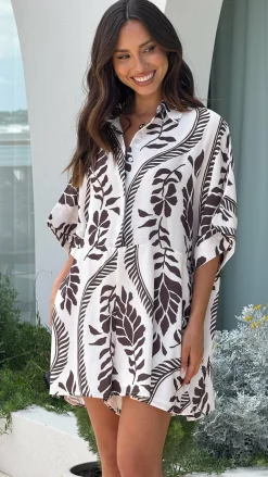 Desire Playsuits^Aurelia Playsuit - Brown/White Print
