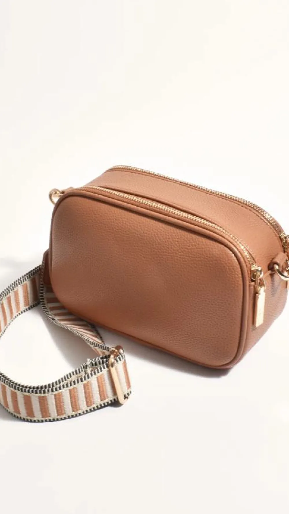 Adorne Bags|Bump Friendly^Bella Striped Webbing Camera Bag - Tan