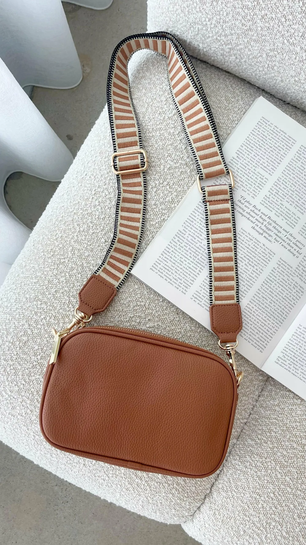 Adorne Bags|Bump Friendly^Bella Striped Webbing Camera Bag - Tan