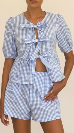 YH AND CO Tops^Belle Tie Front Shirt - Blue Check