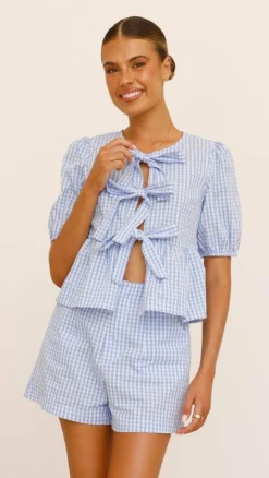 YH AND CO Tops^Belle Tie Front Shirt - Blue Check