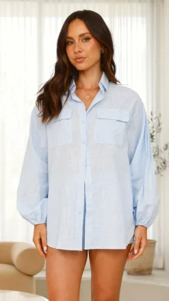 By Frankie Tops^Bianca Oversized Button Up Shirt - Blue