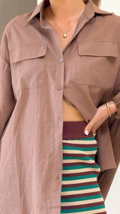 By Frankie Sets|Tops^Bianca Oversized Button Up Shirt - Brown