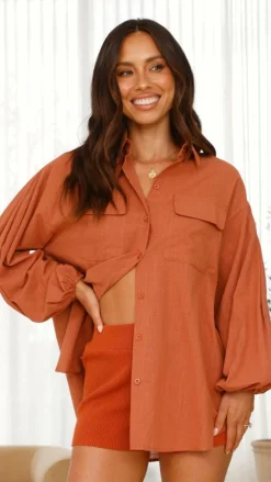 By Frankie Tops^Bianca Oversized Button Up Shirt - Rust