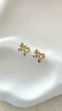 Angel Whisper Polo^Bow Stud 18K Gold Plated Earrings - Gold