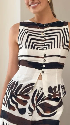 Burans Sets|Tops^Briar Button Crop Top - Chocolate Abstract