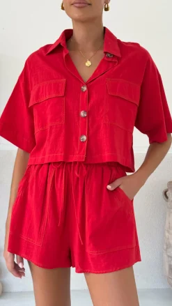 By Frankie Sets|Bottoms^Bridgette Cropped Shirt and Shorts Set - Red