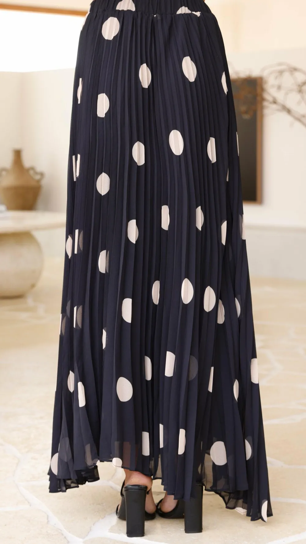 Main St Sets|Bottoms^Cambree Peplum Top and Maxi Skirt Set - Black / Beige Polka Dot