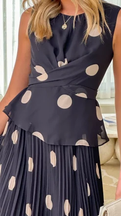 Main St Sets|Bottoms^Cambree Peplum Top and Maxi Skirt Set - Black / Beige Polka Dot