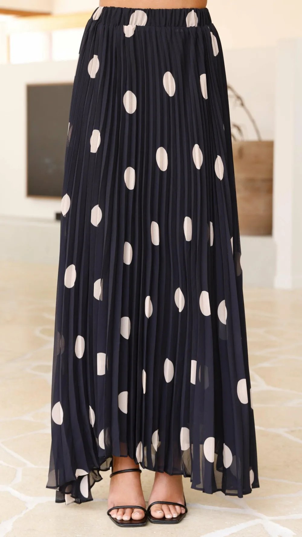 Main St Sets|Bottoms^Cambree Peplum Top and Maxi Skirt Set - Black / Beige Polka Dot