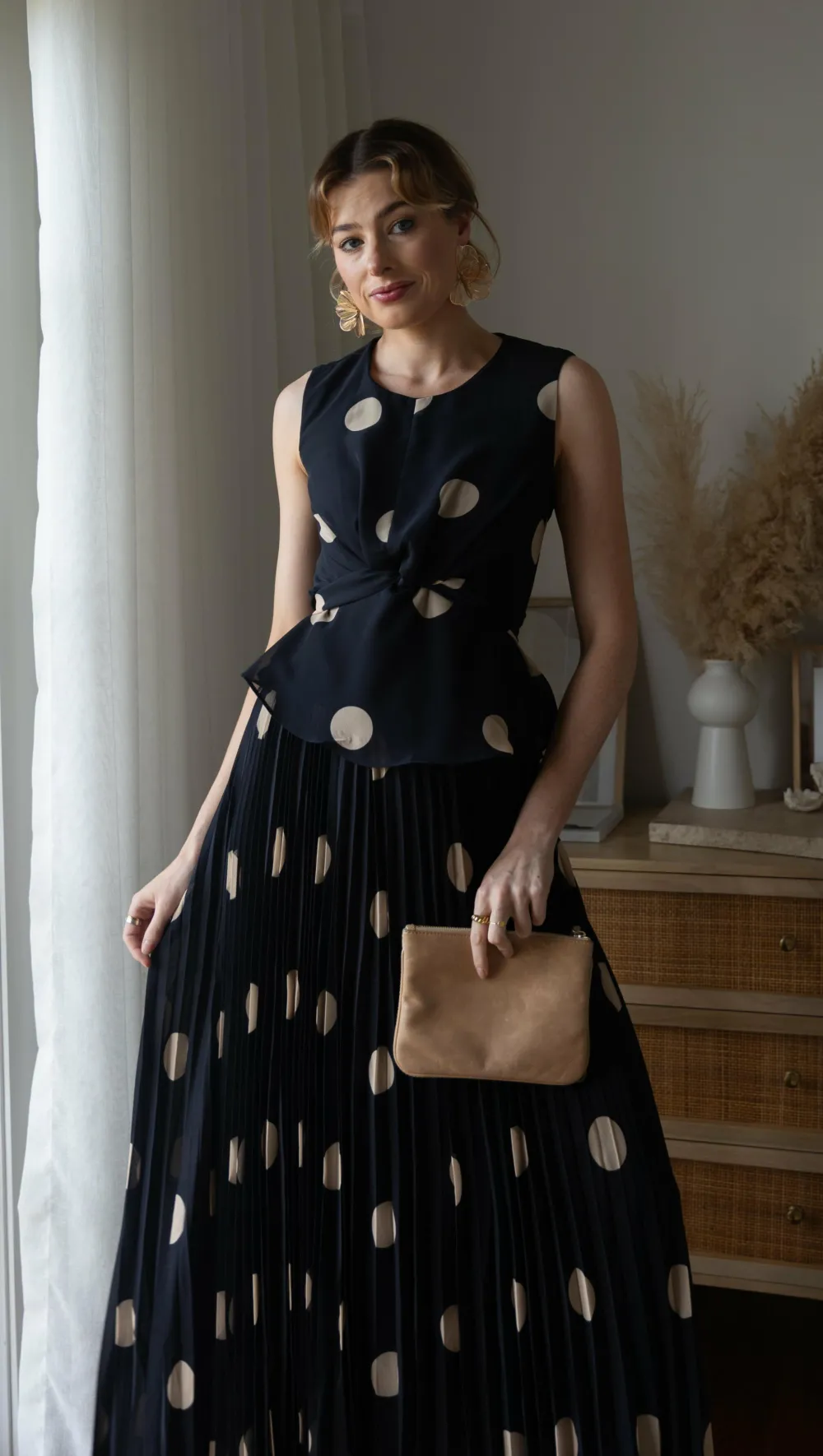 Main St Sets|Bottoms^Cambree Peplum Top and Maxi Skirt Set - Black / Beige Polka Dot