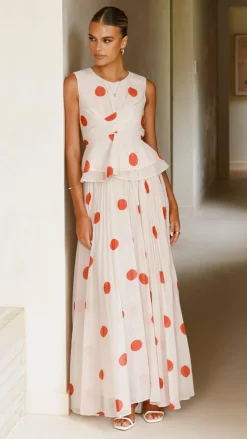 Main St Sets|Bottoms^Cambree Peplum Top and Maxi Skirt Set - Beige / Red Polka Dot