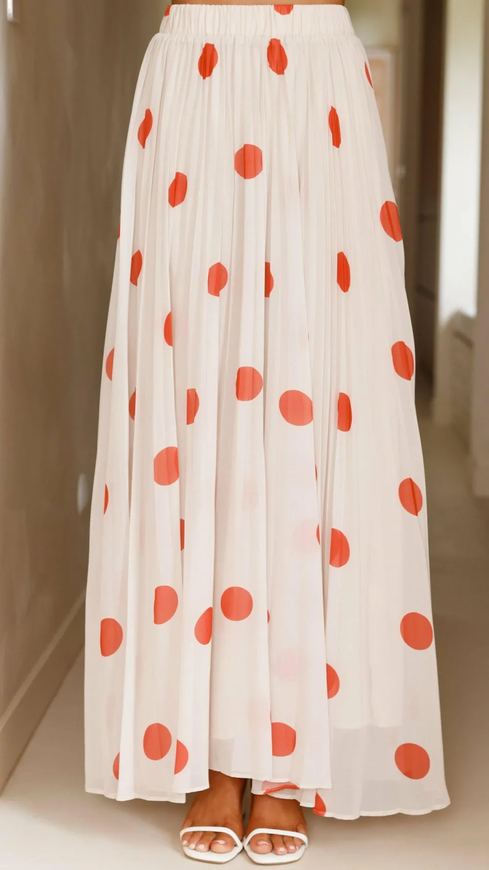 Main St Sets|Bottoms^Cambree Peplum Top and Maxi Skirt Set - Beige / Red Polka Dot