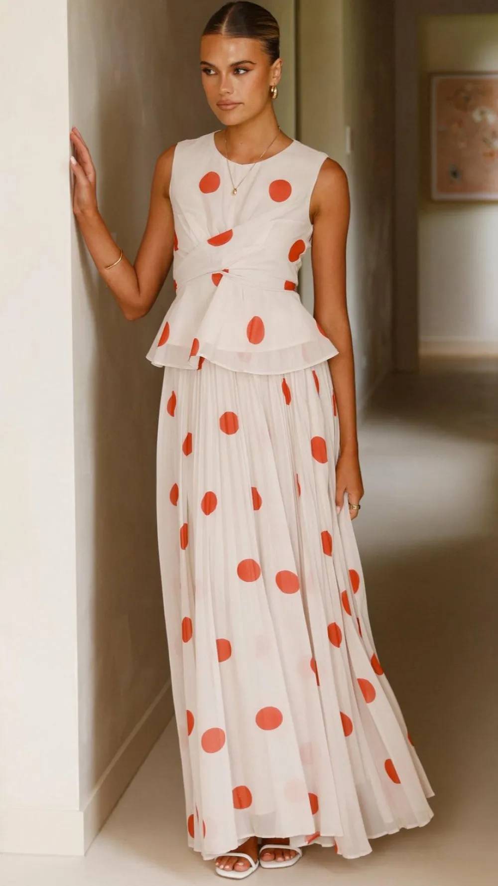 Main St Sets|Bottoms^Cambree Peplum Top and Maxi Skirt Set - Beige / Red Polka Dot