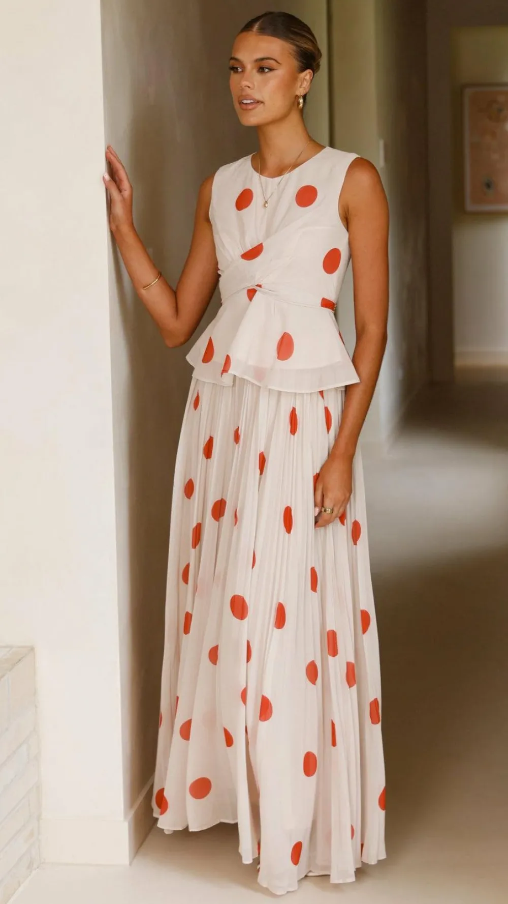 Main St Sets|Bottoms^Cambree Peplum Top and Maxi Skirt Set - Beige / Red Polka Dot