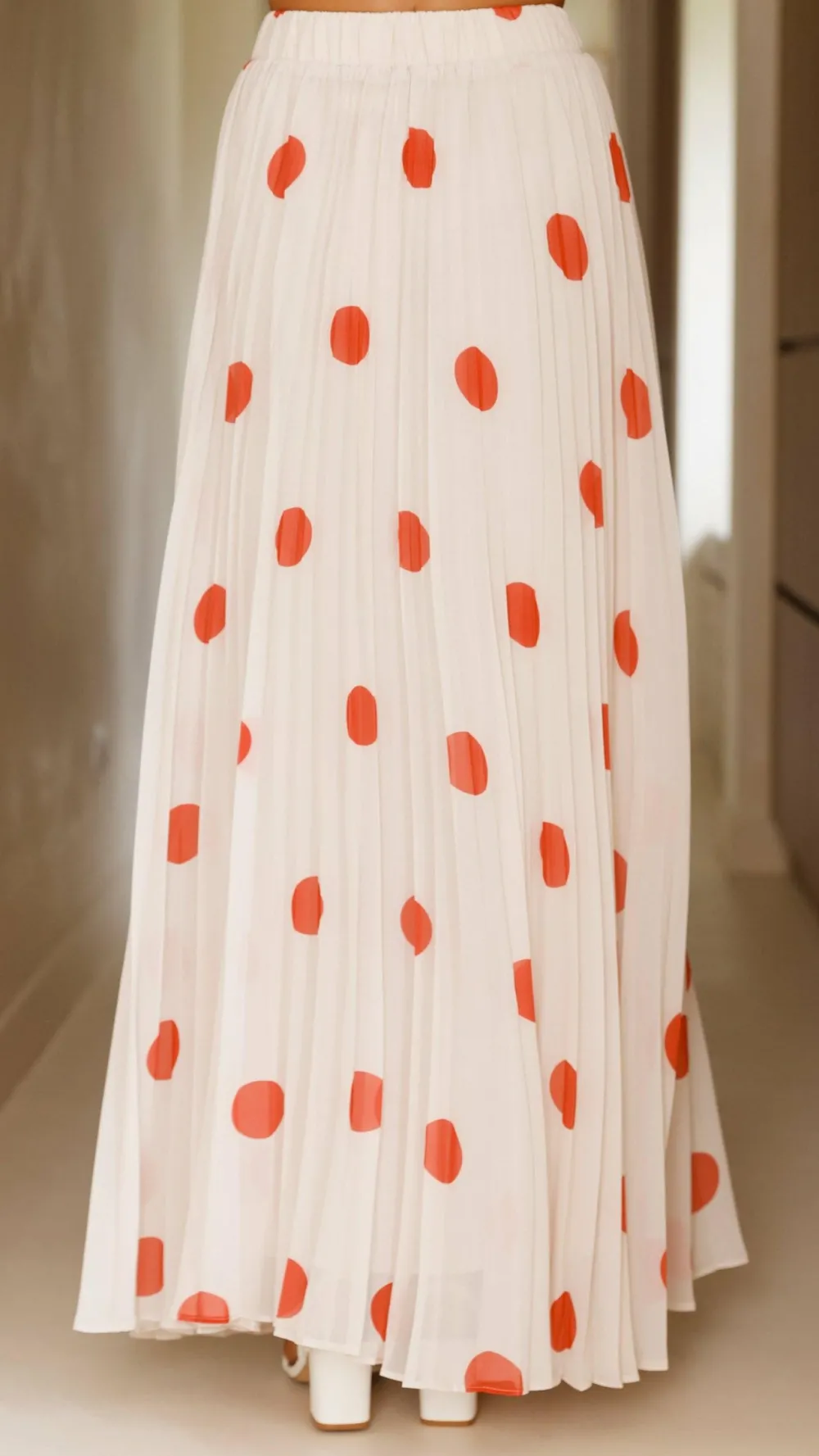 Main St Sets|Bottoms^Cambree Peplum Top and Maxi Skirt Set - Beige / Red Polka Dot