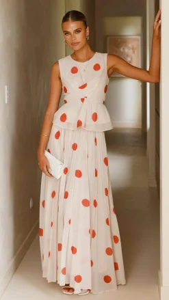 Main St Sets|Bottoms^Cambree Peplum Top and Maxi Skirt Set - Beige / Red Polka Dot