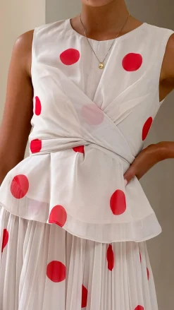 Main St Sets|Bottoms^Cambree Peplum Top and Maxi Skirt Set - Beige / Red Polka Dot