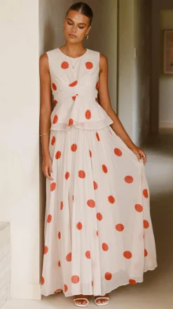 Main St Sets|Bottoms^Cambree Peplum Top and Maxi Skirt Set - Beige / Red Polka Dot