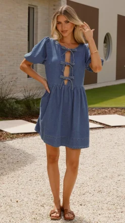 Main St Sale Dresses^Cantara Tie Front Mini Dress - Mid Blue Denim