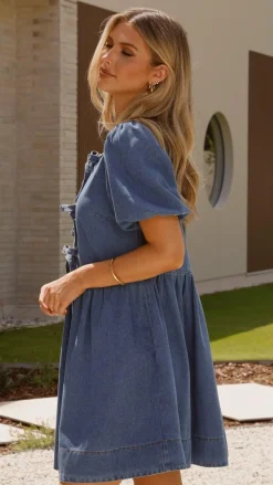 Main St Sale Dresses^Cantara Tie Front Mini Dress - Mid Blue Denim