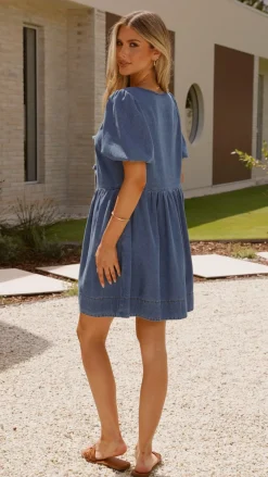Main St Sale Dresses^Cantara Tie Front Mini Dress - Mid Blue Denim