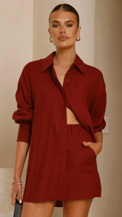 YH AND CO Sets|Tops^Charla Button Up Top - Burgundy