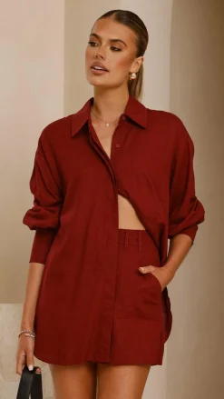 YH AND CO Sets|Tops^Charla Button Up Top - Burgundy