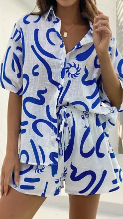 By Frankie Sets|Bottoms^Charli Button Up Shirt and Shorts Set - White/Blue Swirl