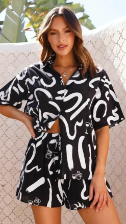 By Frankie Sets|Bottoms^Charli Button Up Shirt and Shorts Set - Black/White