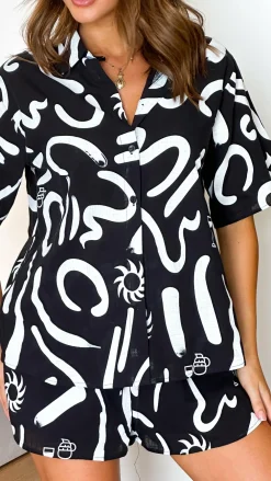 By Frankie Sets|Bottoms^Charli Button Up Shirt and Shorts Set - Black/White