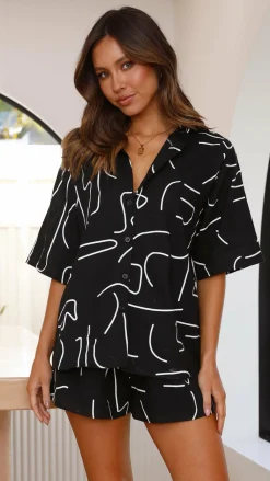 By Frankie Sets|Bottoms^Charli Button Up Shirt and Shorts Set - Black Swirl