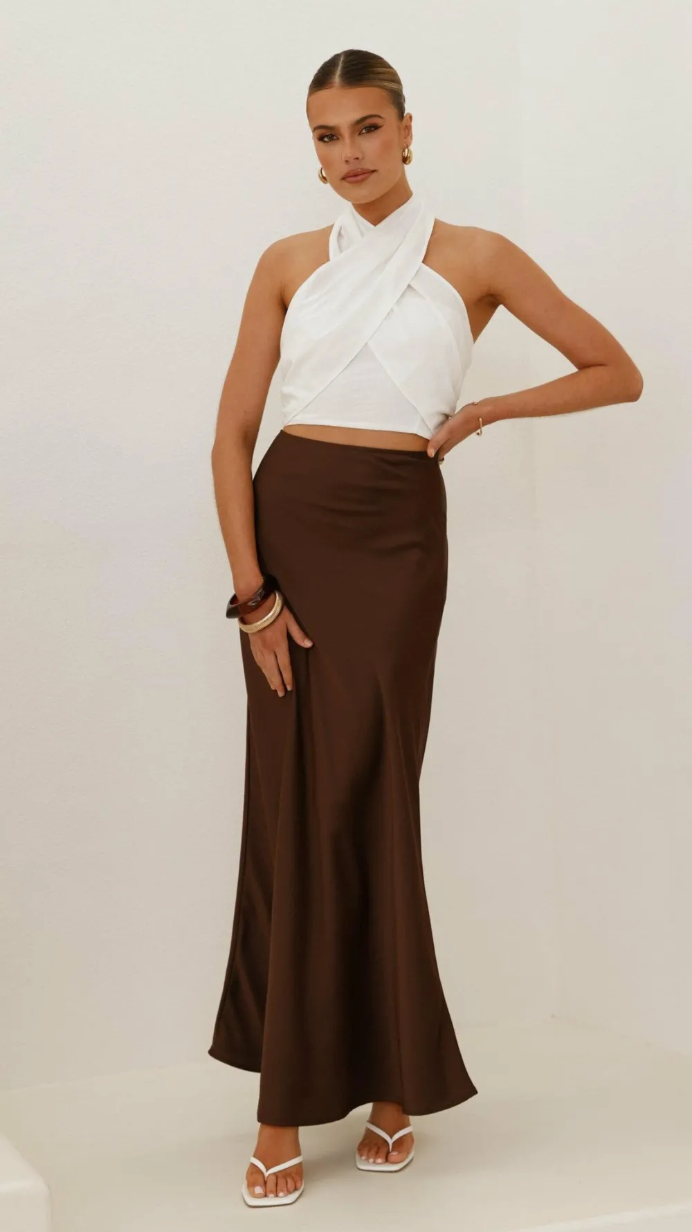 KOLI Bottoms^Darina Bias Cut Maxi Skirt - Chocolate