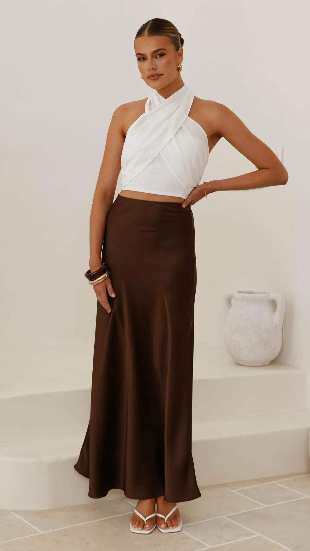 KOLI Bottoms^Darina Bias Cut Maxi Skirt - Chocolate