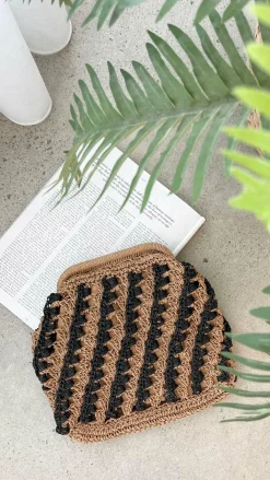 Adorne Bags^Eadie Crochet Weave Framed Clutch - Black / Natural