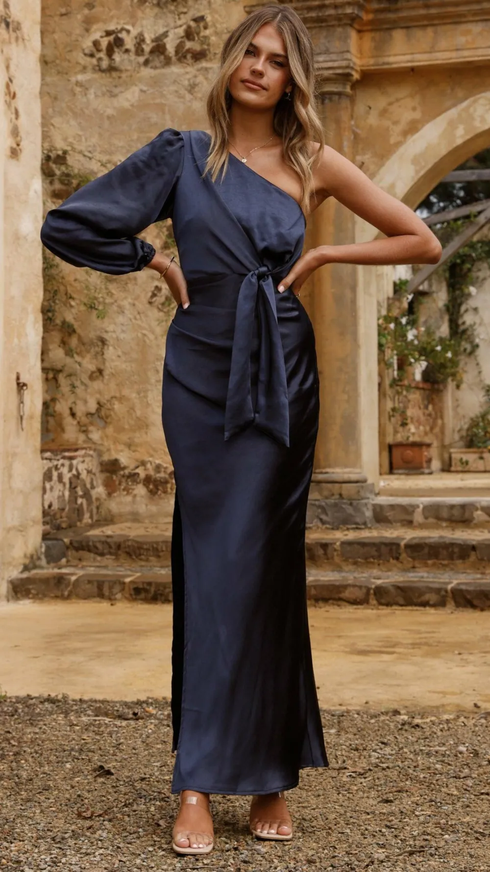 LILYWHYT Mon Cheri|Dresses^Eden One Shoulder Tie Front Maxi Dress - Navy