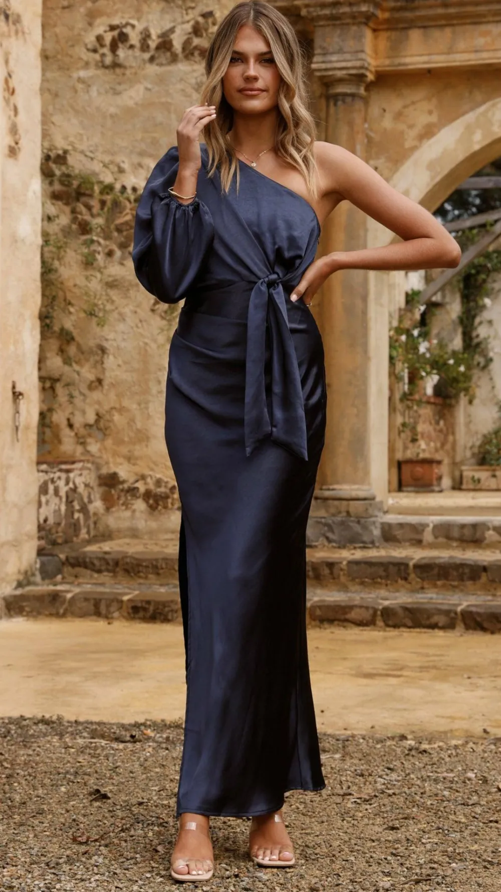 LILYWHYT Mon Cheri|Dresses^Eden One Shoulder Tie Front Maxi Dress - Navy