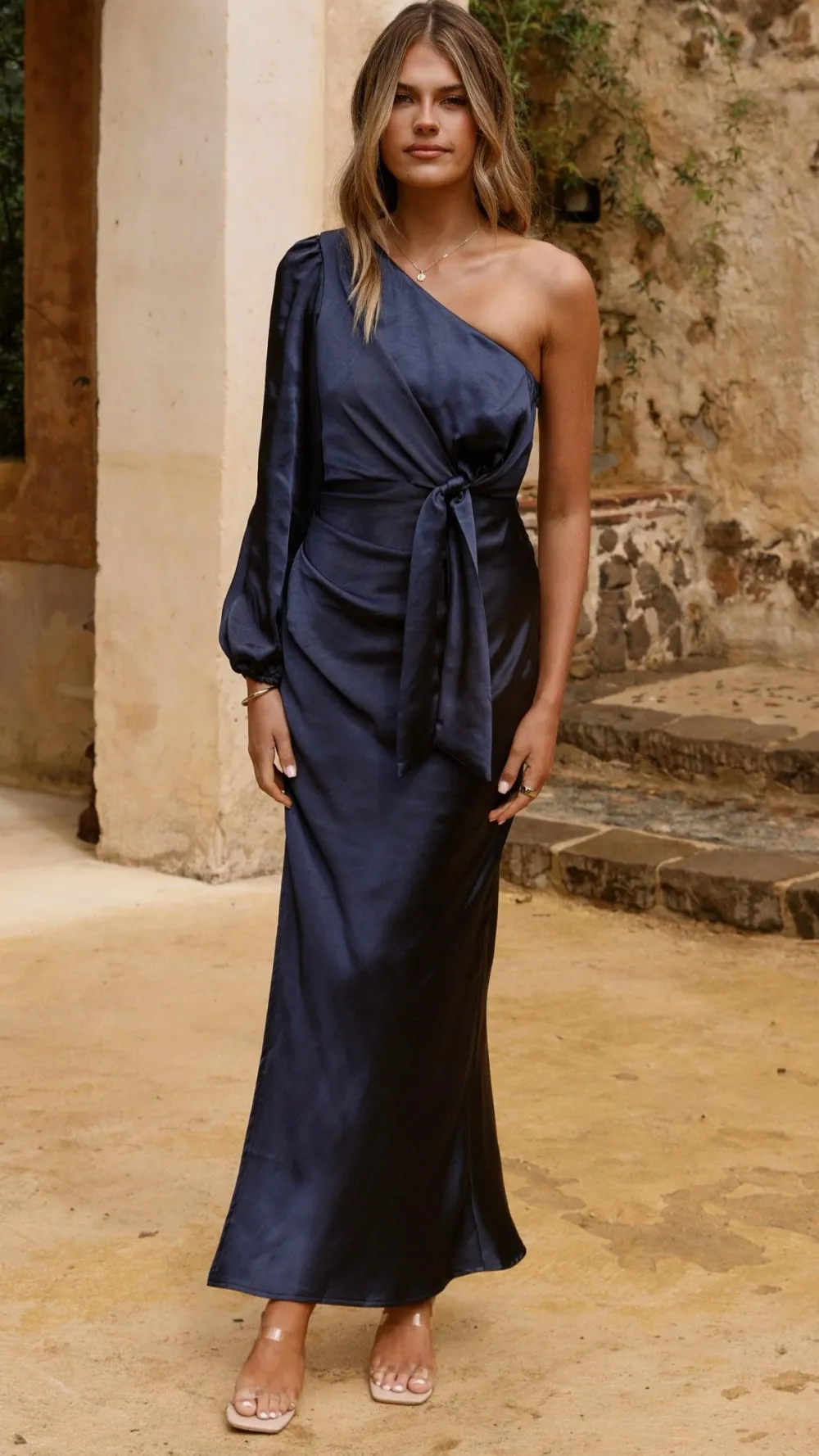 LILYWHYT Mon Cheri|Dresses^Eden One Shoulder Tie Front Maxi Dress - Navy