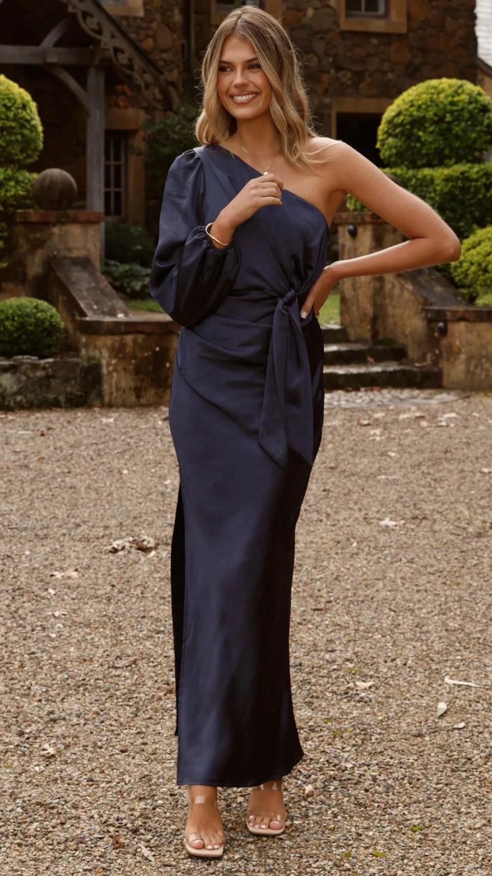 LILYWHYT Mon Cheri|Dresses^Eden One Shoulder Tie Front Maxi Dress - Navy
