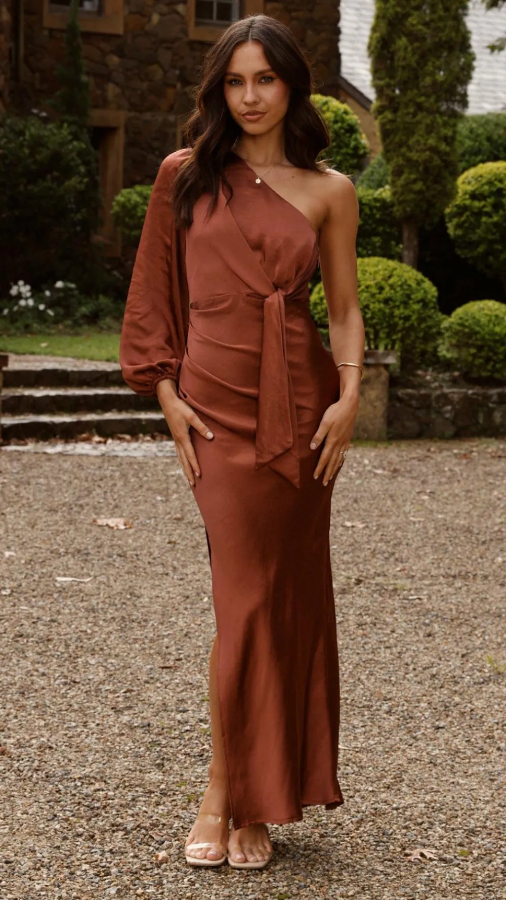 LILYWHYT Mon Cheri|Dresses^Eden One Shoulder Tie Front Maxi Dress - Rust