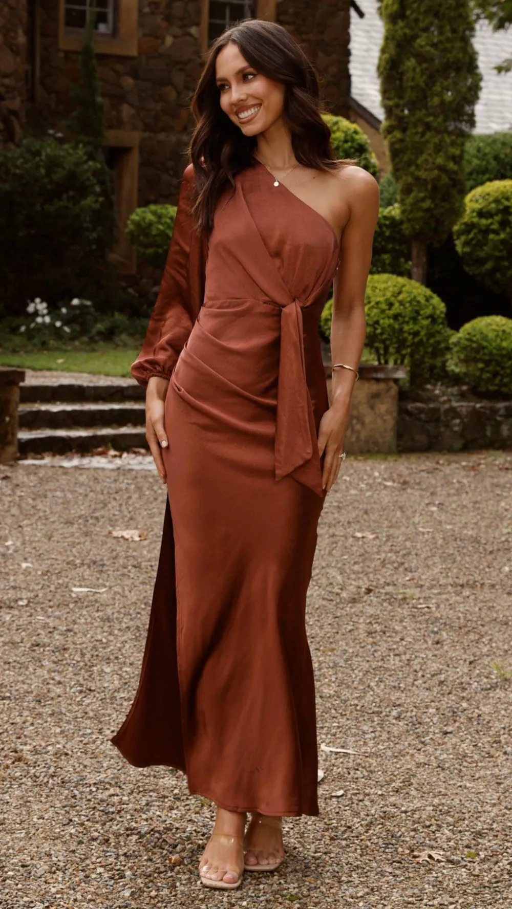 LILYWHYT Mon Cheri|Dresses^Eden One Shoulder Tie Front Maxi Dress - Rust