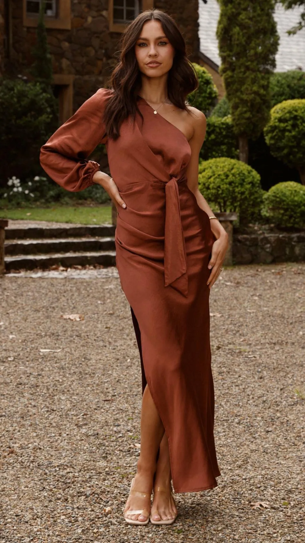 LILYWHYT Mon Cheri|Dresses^Eden One Shoulder Tie Front Maxi Dress - Rust