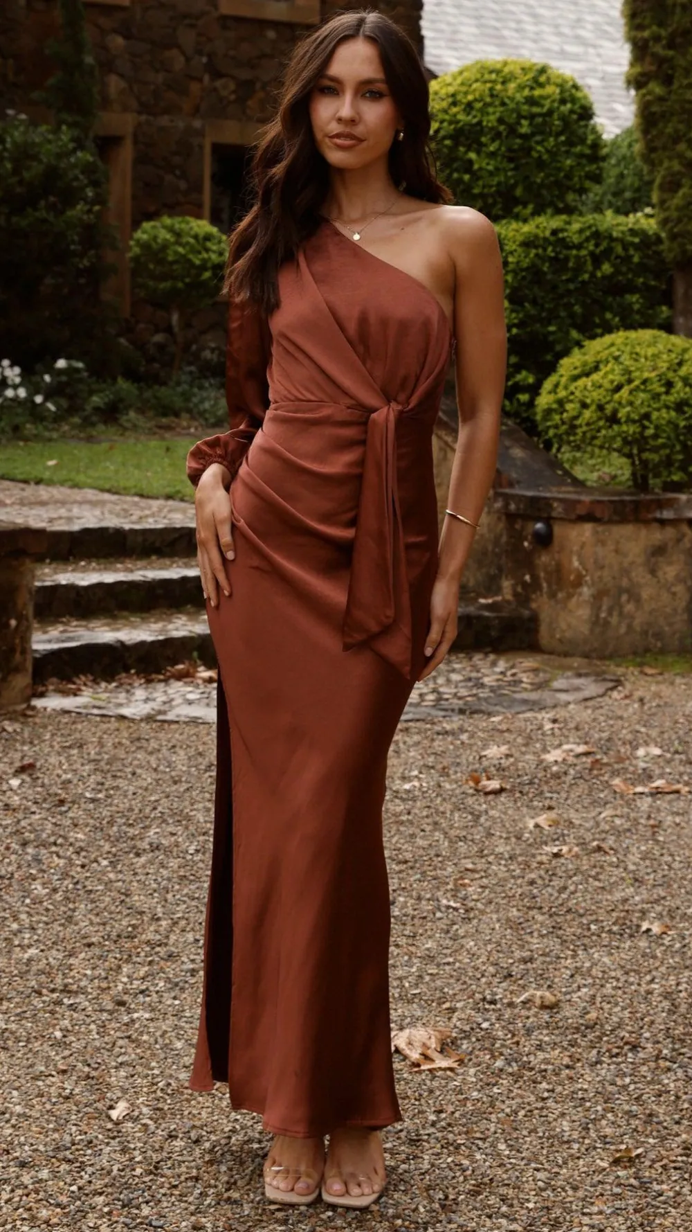 LILYWHYT Mon Cheri|Dresses^Eden One Shoulder Tie Front Maxi Dress - Rust