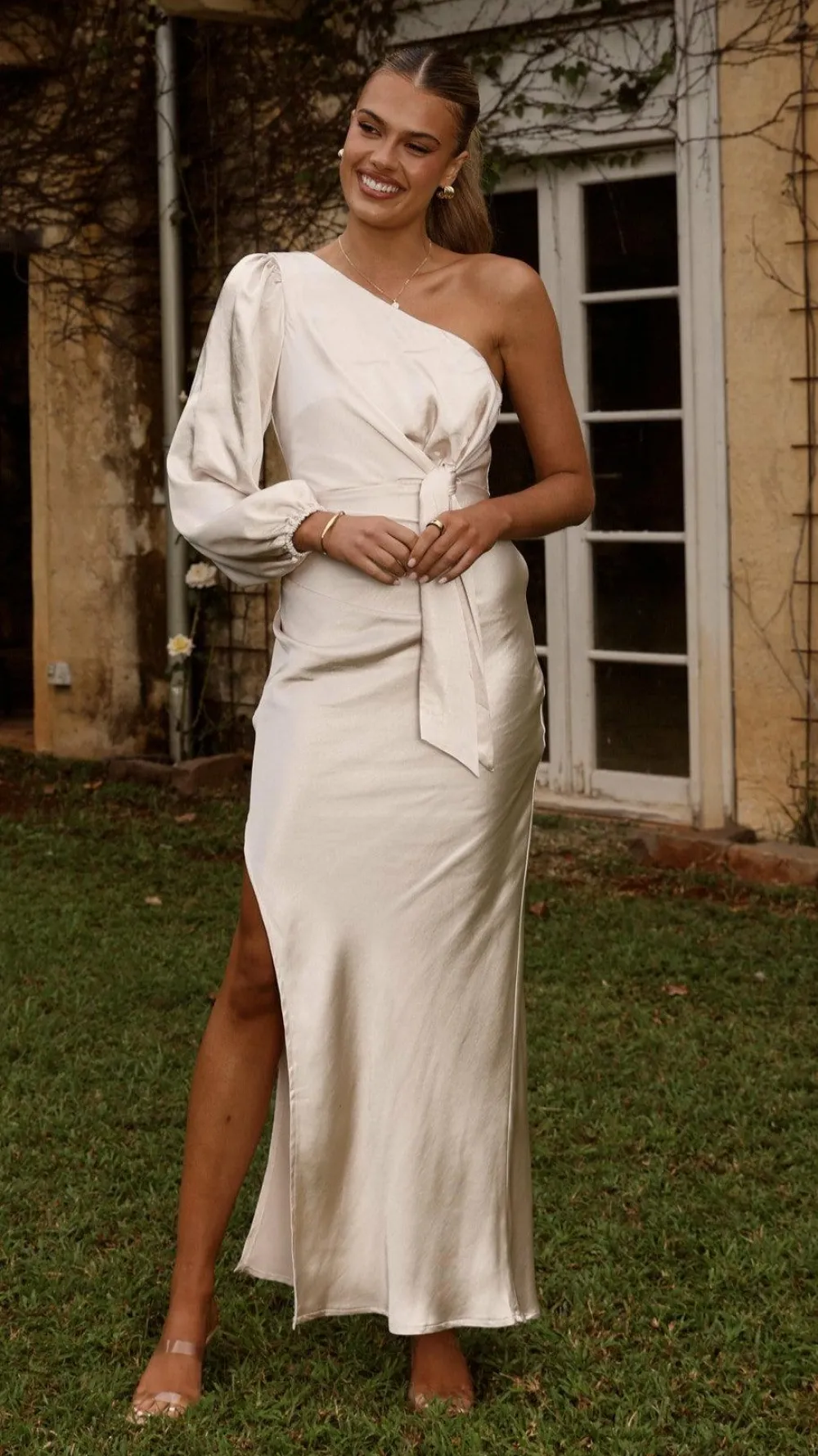 LILYWHYT Mon Cheri|Dresses^Eden One Shoulder Tie Front Maxi Dress - Champagne