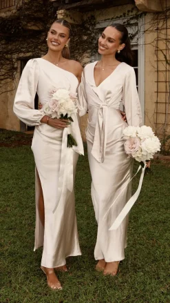 LILYWHYT Mon Cheri|Dresses^Eden One Shoulder Tie Front Maxi Dress - Champagne