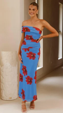 SASHA (BNE) Dresses|Maxi^Eisa One Shoulder Maxi Dress - Blue / Red Floral