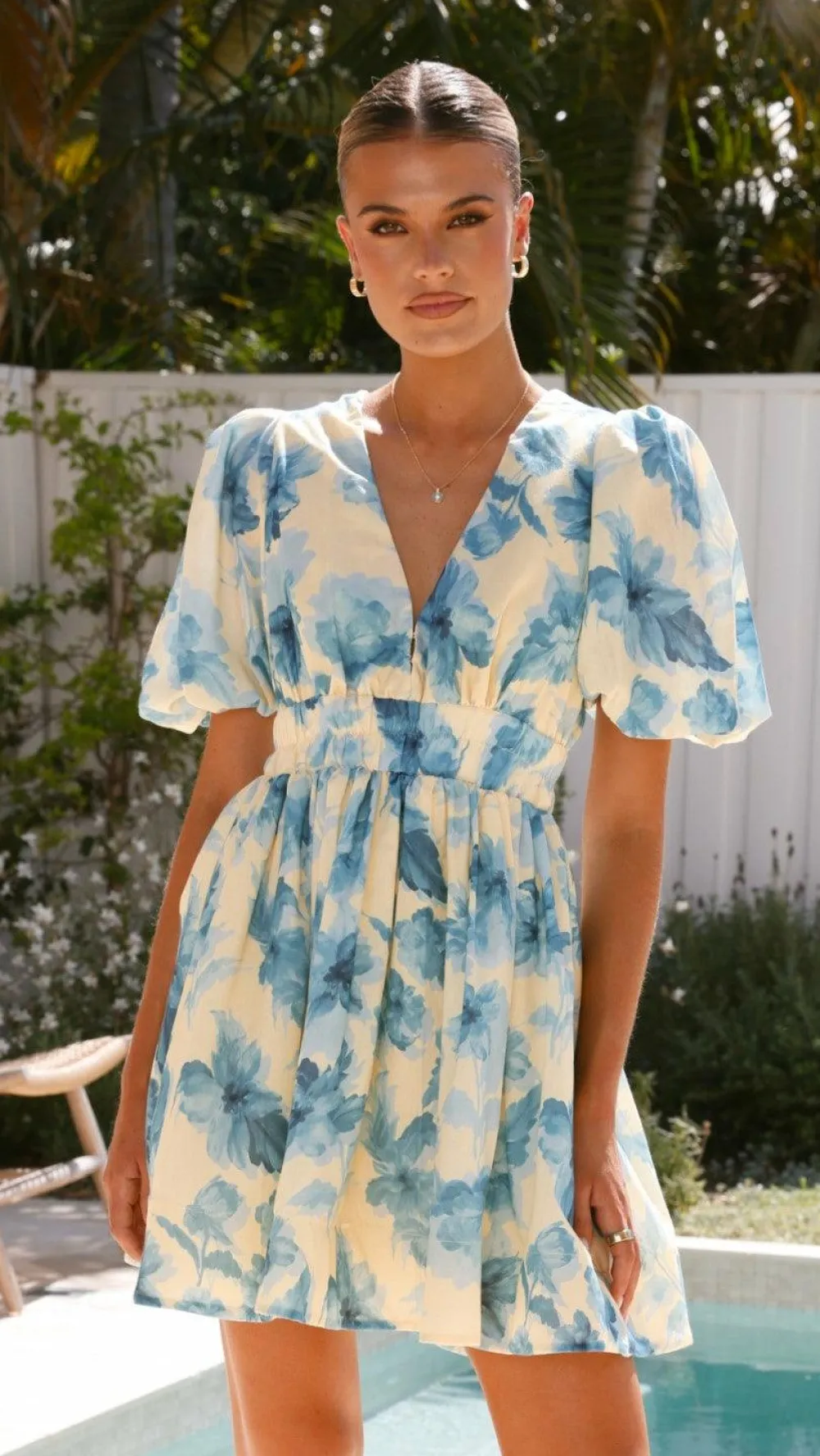 LILYWHYT Sale Dresses^Erin Mini Dress - Yellow / Blue Floral