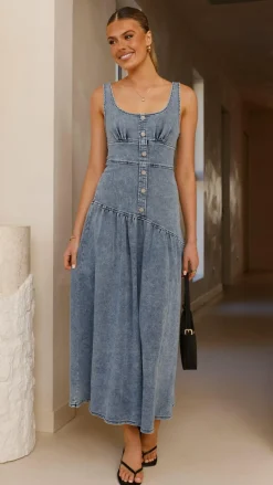 LILYWHYT The Denim Edit|Dresses^Generosa Button Front Maxi Dress - Mid Blue Denim